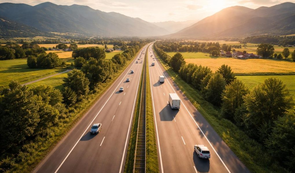 autoroute-paysage-montagnes-champs-soleil