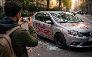 voiture-vandalisee-personne-smartphone-batiments