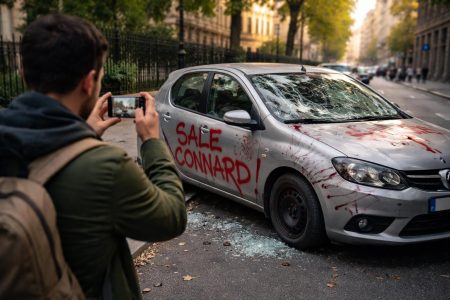 voiture-vandalisee-personne-smartphone-batiments