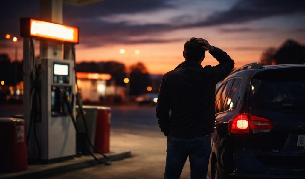 station-service-crepuscule-vehicule-conducteur