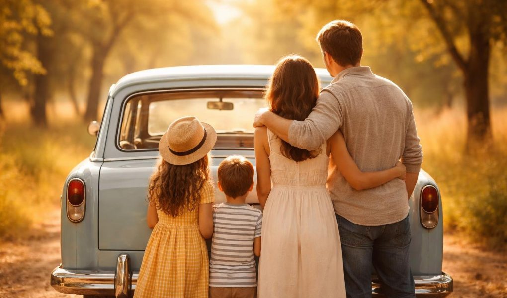 famille-voiture-ancienne-allee-ensoleillee