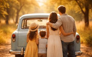 famille-voiture-ancienne-allee-ensoleillee